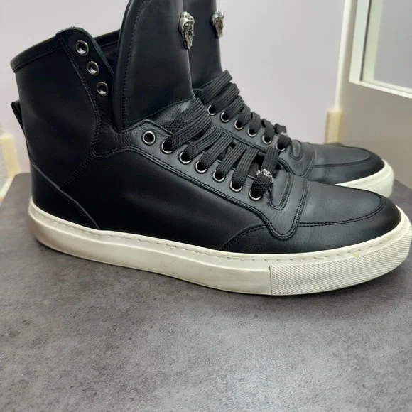 Versace Black Leather Sneakers with White Soles